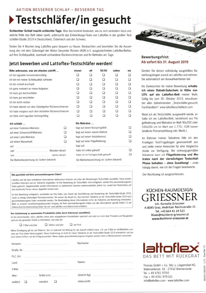 Küchen-Raumdesign Studio Griessner sucht den Lattoflex Testschläfer